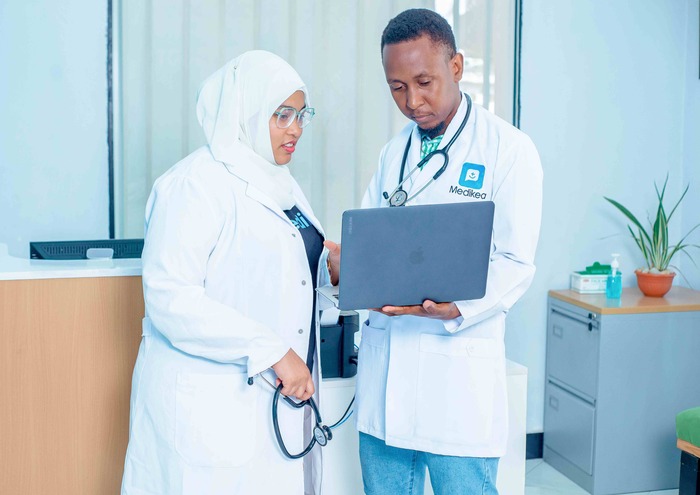 Doctors standing in reception area